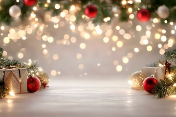 Festive Christmas Backdrop, a vibrant scene filled with cheerful decorations, twinkling lights, and a warm holiday atmosphere.