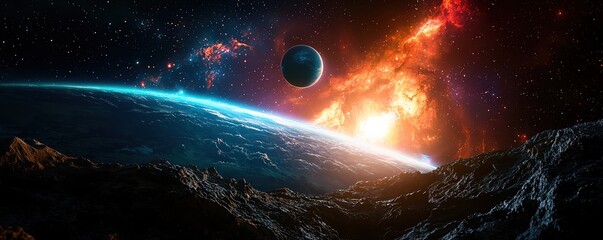 Obraz premium A stunning view of a distant planet surrounded by vibrant cosmic phenomena, showcasing the beauty of the universe.