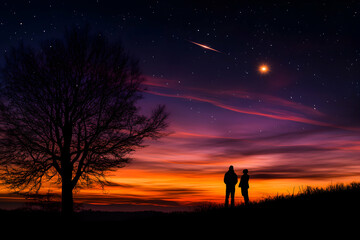 Silhouettes of two people stand beneath a star-filled sky, gazing at a shooting star.