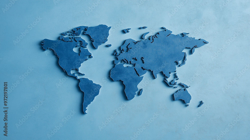 Poster world map made entirely from different shades of blue, with continents as shadows on a gradient back