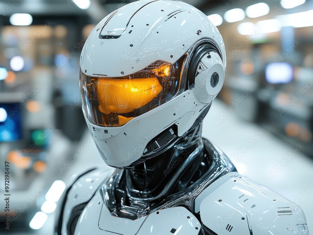Poster futuristic humanoid robot with an orange visor in a tech environment.
