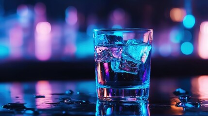 A vibrant cocktail glass filled with ice, illuminated by colorful lights in a bar setting, creating a festive atmosphere.