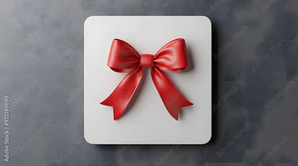 Poster blank white rounded square sign or empty white present mock up button signboard with red gift ribbon