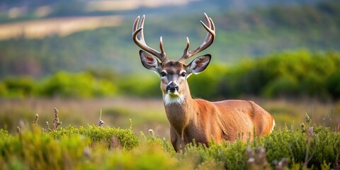 Obraz premium Blacktail buck grazing in lush meadow at Point Reyes National Seashore with shallow depth of field