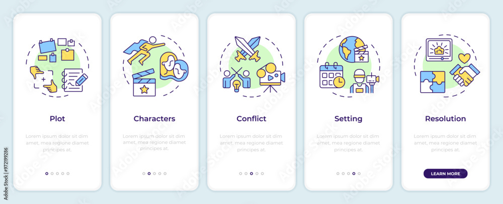 Poster story narrative elements onboarding mobile app screen. walkthrough 5 steps editable graphic instruct