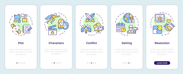 Story narrative elements onboarding mobile app screen. Walkthrough 5 steps editable graphic instructions with linear concepts. UI, UX, GUI template. Montserrat SemiBold, Regular fonts used