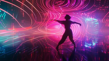 A dancer synchronizes with deep tech house beats amidst pulsating lights and futuristic cityscape