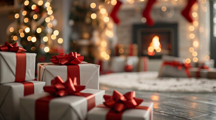 Beautiful gift boxes lie next to the Christmas tree, with the soft light from the fireplace creating a warm holiday mood