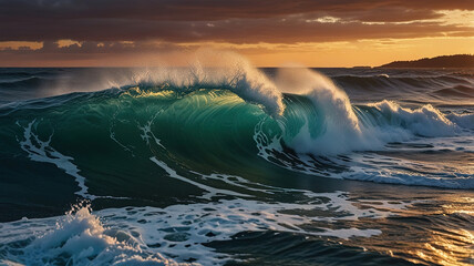 Ocean Waves Crashing at Sunset. Generative AI