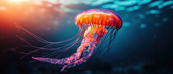 A vibrant jellyfish glides gracefully through the water, showcasing its colorful tentacles against a serene underwater backdrop.