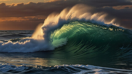 Ocean Waves Crashing at Sunset. Generative AI