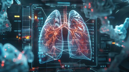 Fototapeta premium Futuristic 3d animation of human respiratory system lungs, bronchial tree, and medical data display
