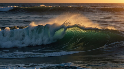 Ocean Waves Crashing at Sunset. Generative AI