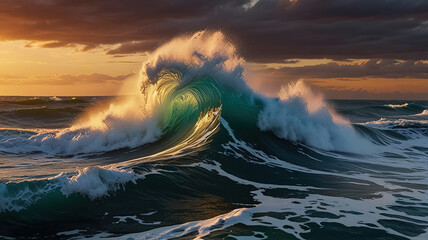 Ocean Waves Crashing at Sunset. Generative AI
