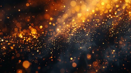 Obraz premium Elegant abstract gold bokeh lights on a dark black background, creating a luxurious and shimmering effect ideal for festive designs, celebratory event visuals, and sophisticated digital art projects.