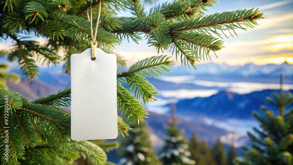 Wall mural blank white price tag on a christmas tree branch