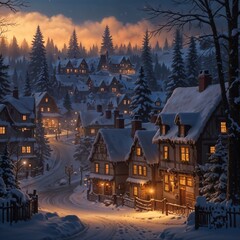 Fototapeta premium Charming winter village at dusk with glowing lights and snow-covered rooftops, evoking a cozy holiday atmosphere.