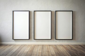Blank white wall art mockup with three vertical frames, black wooden borders, and depth of field
