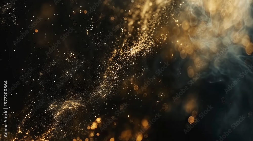 Poster elegant abstract gold bokeh lights on a dark black background, creating a luxurious and shimmering e