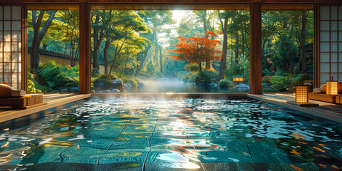 Tranquil Japanese Ryokan Hot Spring Bath - Zen Atmosphere, Traditional Wooden Architecture, Peaceful Retreat