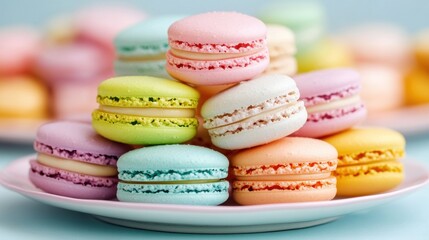 Obraz premium Close-up of colorful macarons stacked on a pastel plate
