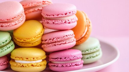 Obraz premium Close-up of colorful macarons stacked on a pastel plate