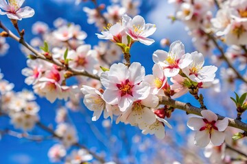 Obraz premium Blossoming almond tree and spring flowers against blue sky