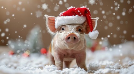Festive Piglet in Santa Hat, a charming little pig wearing a bright red Santa cap, surrounded by a snowy landscape, embodying the joy and warmth of Christmas celebrations.