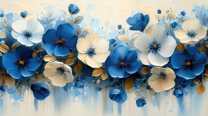 Serene Floral Drift, a calming art piece featuring flowing abstract flowers in soft blue, light oak, and creamy white, creating a tranquil and harmonious backdrop.