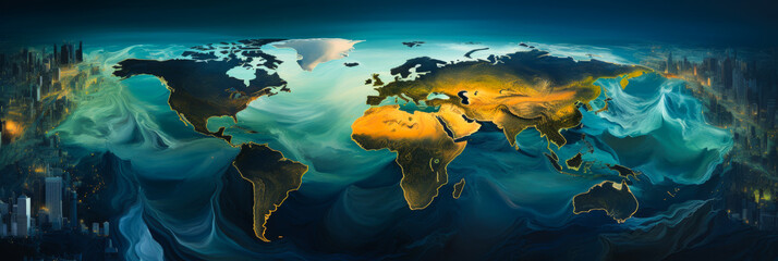 Investment Banker Juggling Globes Amidst Burning Earth and Global Supply Chain Decoupling Symbols - Business Concept