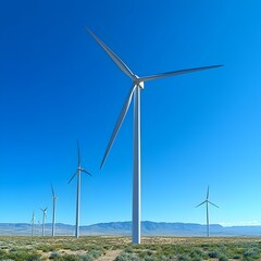 Wind turbines gracefully rotating against a vibrant blue sky, symbolizing renewable energy and sustainability in a serene landscape.