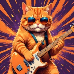 An orange tabby cat wearing sunglasses and playing an electric guitar in front of a colorful abstract background