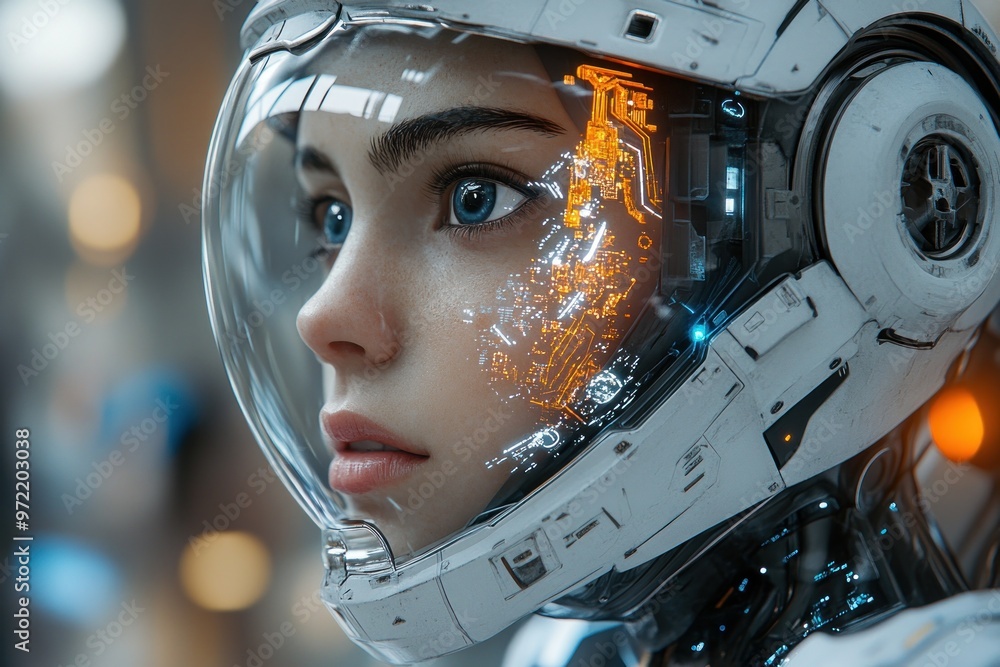 Poster futuristic humanoid figure in a high-tech helmet with digital interface.