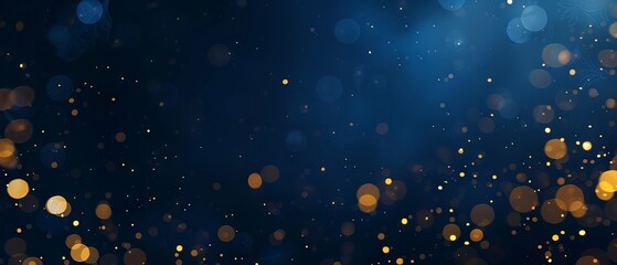 Elegant dark blue background with shimmering golden particles and bokeh light effects, featuring festive Christmas golden light and delicate gold foil texture for a luxurious, celebratory atmosphere