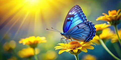 Blue and yellow butterfly sitting on a flower in forced perspective