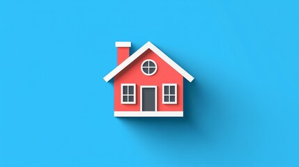 Obraz premium Simple red house icon with white trim and a blue background.