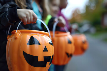 Three children are walking down a path holding orange Halloween pumpkins, generative ai image.,