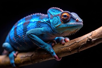 Fototapeta premium blue chameleon on a branch isolated on black background with shallow depth of field