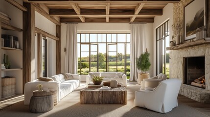 Fototapeta premium Beautiful living room with rustic elements and fire.