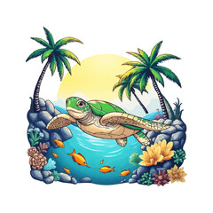 turtle with beach background vector illustration. sea world vector logo illustration. cute cartoon sea turtle.