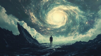 A solitary figure stands amidst a cosmic swirl, symbolizing exploration and the vastness of the universe.