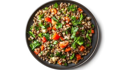 Healthy lentil salad with fresh parsley, tomatoes, and beans on a black plate
