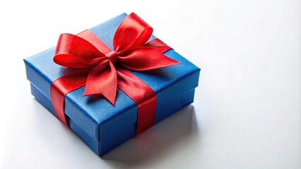 Obraz premium Blue gift box with red bow and ribbon isolated on white background
