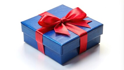 Obraz premium blue gift box with red bow and ribbon on white background macro