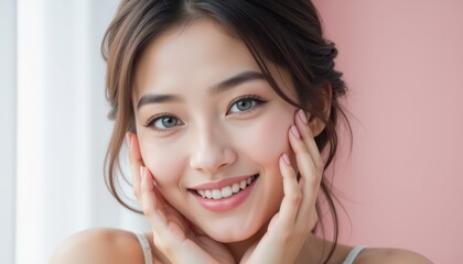 A joyful woman with a bright smile, showcasing natural beauty and confidence in a soft, light-filled environment.