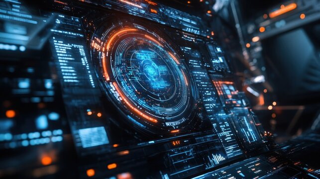 Futuristic digital interface with glowing elements and data visualizations.