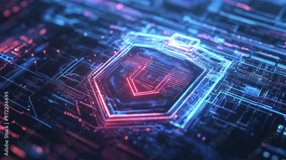 Wall mural abstract digital shield design, representing cybersecurity and protection in a tech environment.
