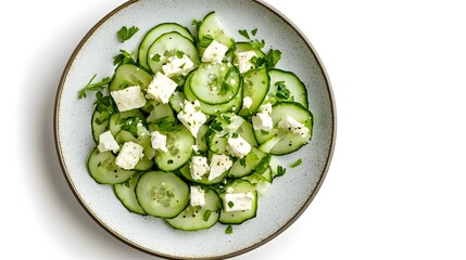 Fresh cucumber and feta salad with parsley on white plate