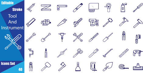 Tool & Instrument thin line icons set. Building Tools editable stroke icon.