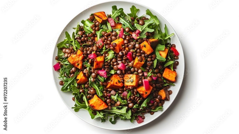 Wall mural healthy lentil salad with roasted sweet potatoes and arugula on white background